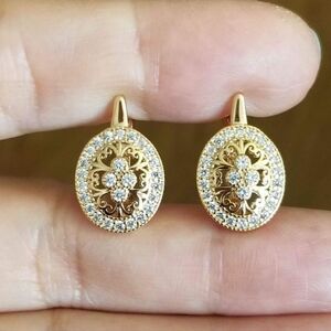 New 14K Gold Plated Diamond Oval Shaped Hoop Earrings for Women